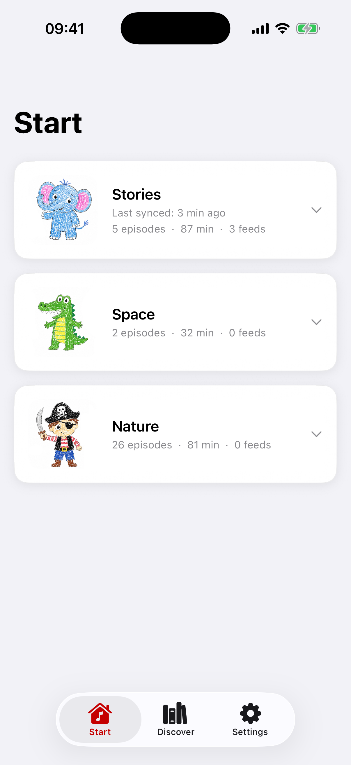 Écran d'accueil de LittleCast avec les catégories Stories, Space et Nature et le statut de synchronisation